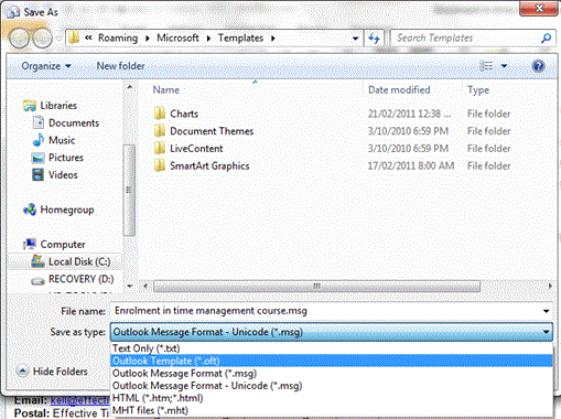 email template in Outlook 2010